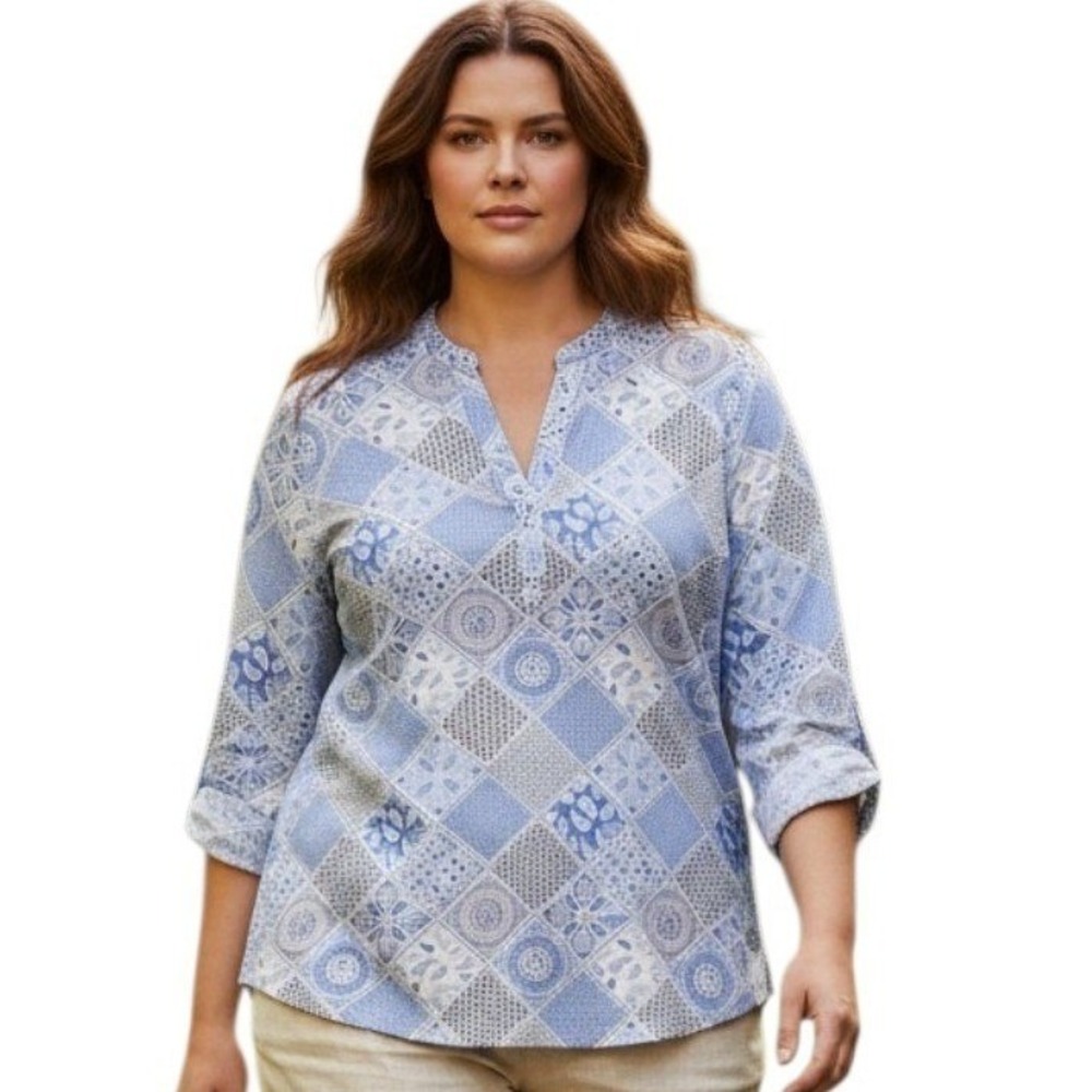 Foxcroft Nyc Angel Patchwork Cotton Womens size 18W Paisley Split Neck Tunic Top